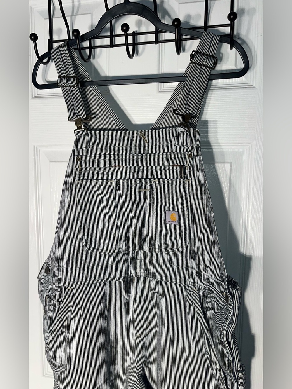 Carhartt Denim Bib Overall Women’s Large Relaxed Fit Cotton Railroad Stripe - Picture 2 of 15